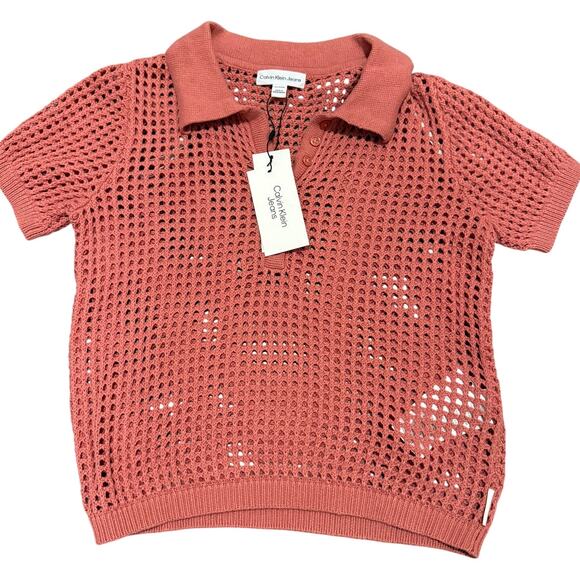 Calvin Klein Orange Coral Open Stitch Cap Sleeve Polo Shirt Women XS NEW Preppy - Picture 2 of 9